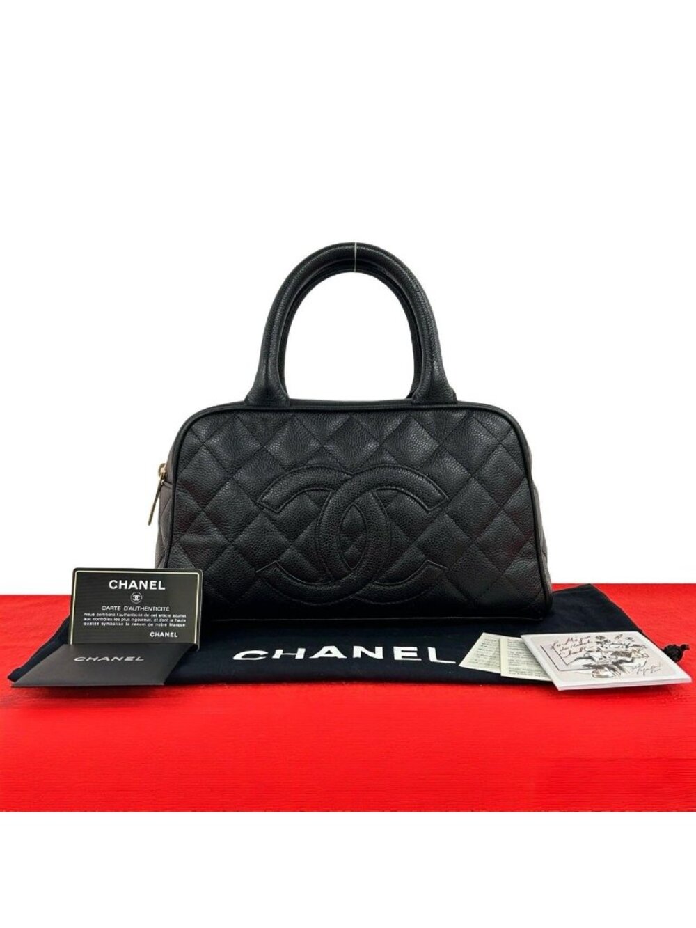 Chanel Bagged Card Quilted Coco Caviar Leather Mini Boston Bag Black